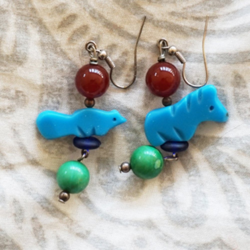 Stone Fetish Earrings Horse and Beaver Turquoise Green and Amber